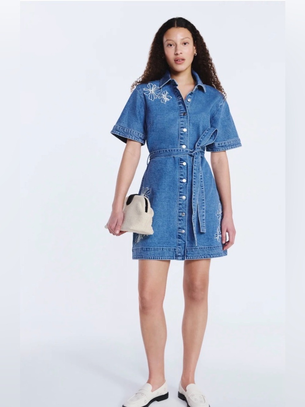 Free Assembly Women's Embroidered Denim Mini Shirtdress with Belt - Picture 2 of 4